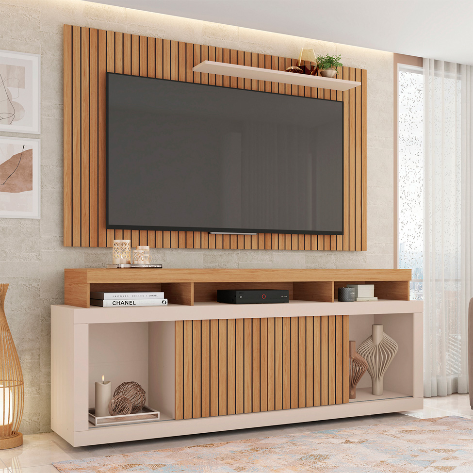 Rack com Painel Ripado para TV até 60 Polegadas New Oscar Buriti e Off White
