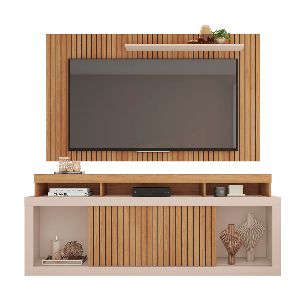 Rack com Painel Ripado para TV até 60 Polegadas New Oscar Buriti e Off White