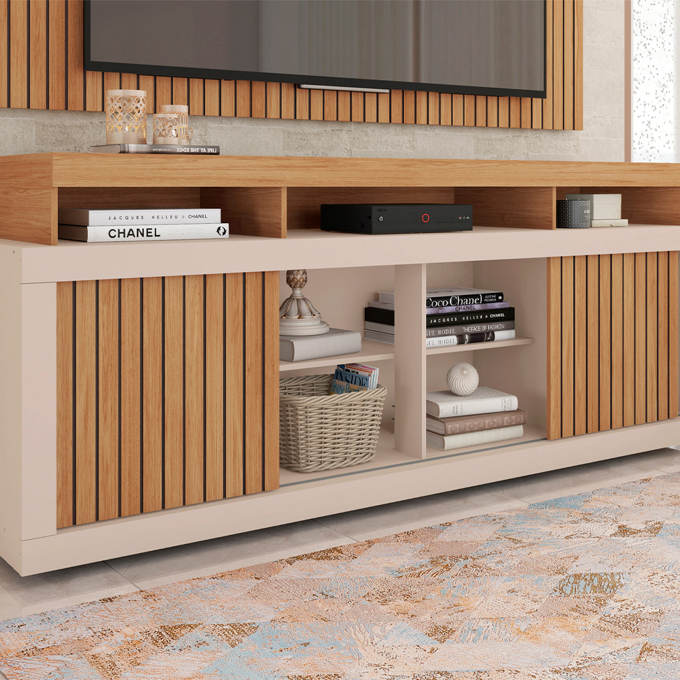 Rack com Painel Ripado para TV até 60 Polegadas New Oscar Buriti e Off White