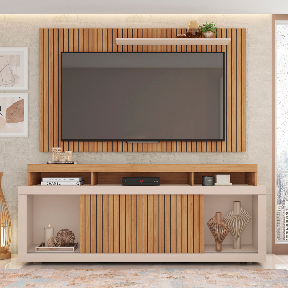 Rack com Painel Ripado para TV até 60 Polegadas New Oscar Buriti e Off White