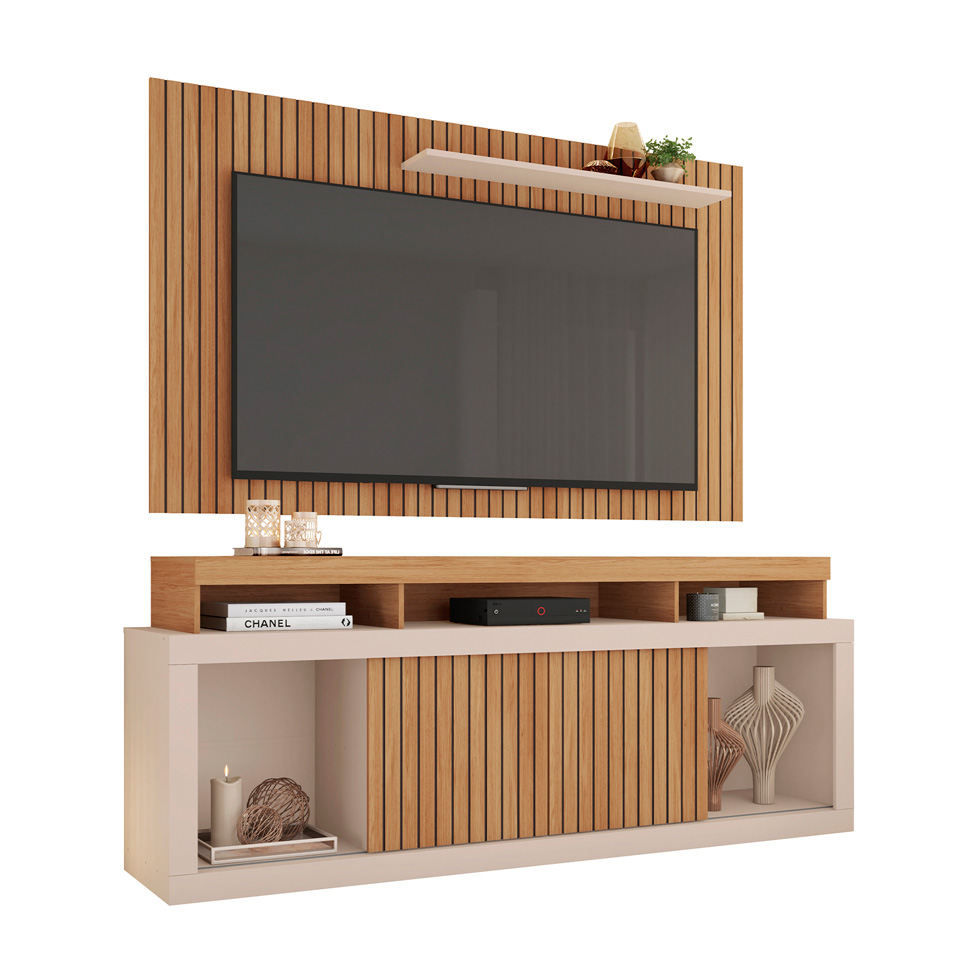 Rack com Painel Ripado para TV até 60 Polegadas New Oscar Buriti e Off White