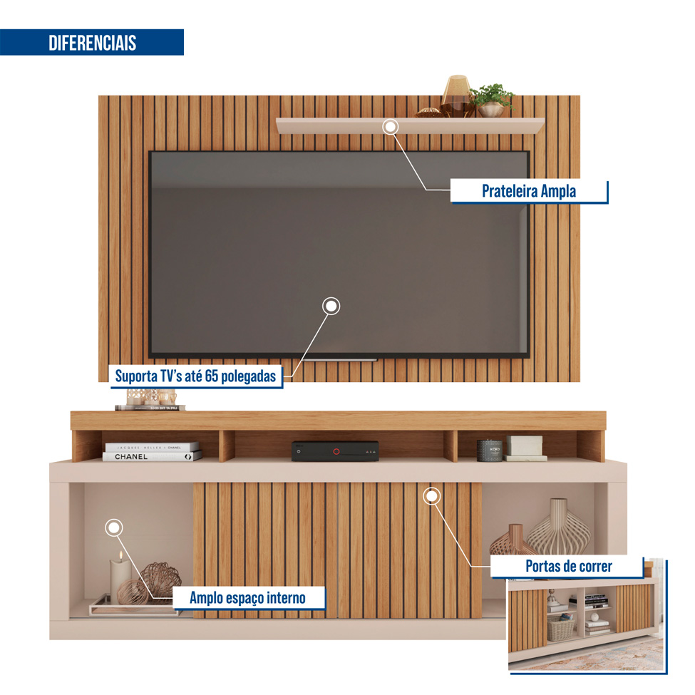 Rack com Painel Ripado para TV até 60 Polegadas New Oscar Buriti e Off White