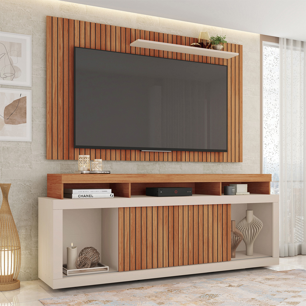 Rack com Painel Ripado para TV até 60 Polegadas New Oscar Freijó e Off White