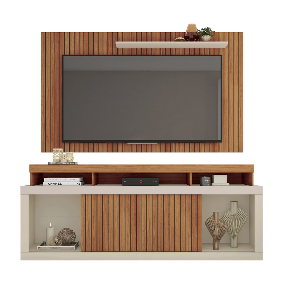 Rack com Painel Ripado para TV até 60 Polegadas New Oscar Freijó e Off White