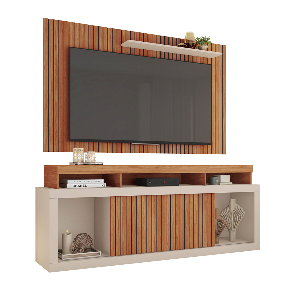 Rack com Painel Ripado para TV até 60 Polegadas New Oscar Freijó e Off White