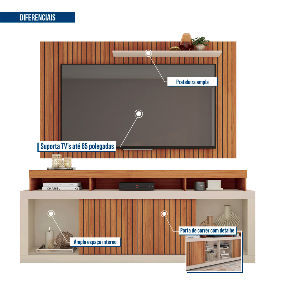 Rack com Painel Ripado para TV até 60 Polegadas New Oscar Freijó e Off White