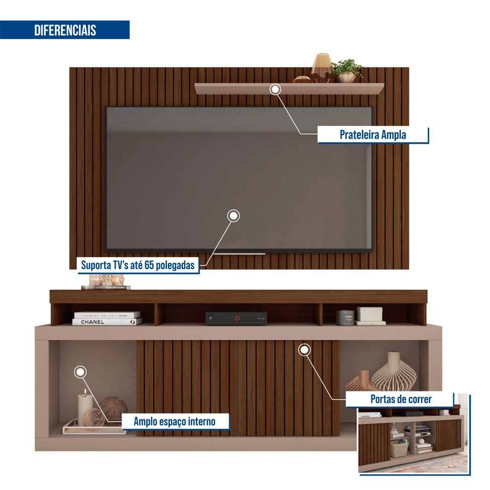 Rack com Painel Ripado para TV até 60 Polegadas New Oscar Havana e Fendi