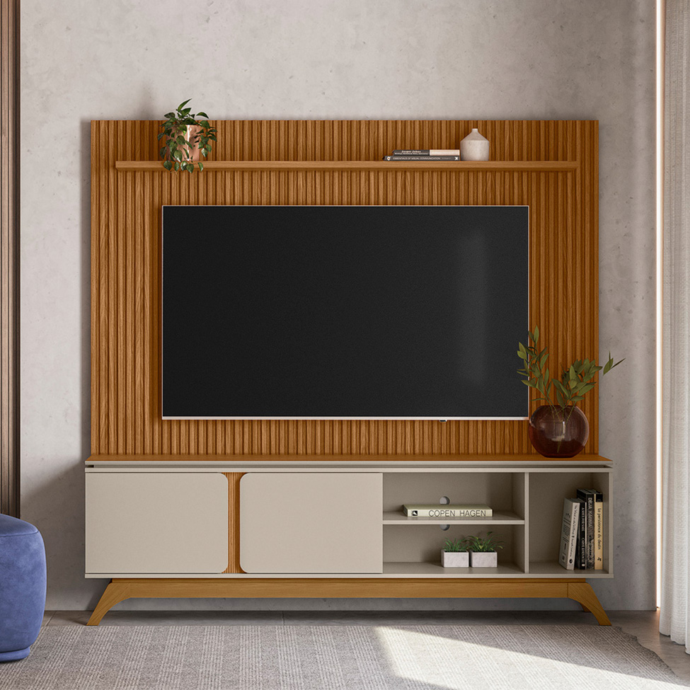 Rack com Painel Ripado para TV até 75 Polegas Istambul 2 Portas Off White e Nature