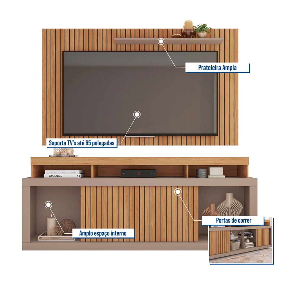 Rack com Painel para TV até 60 Polegadas Requinte Buriti e Fendi