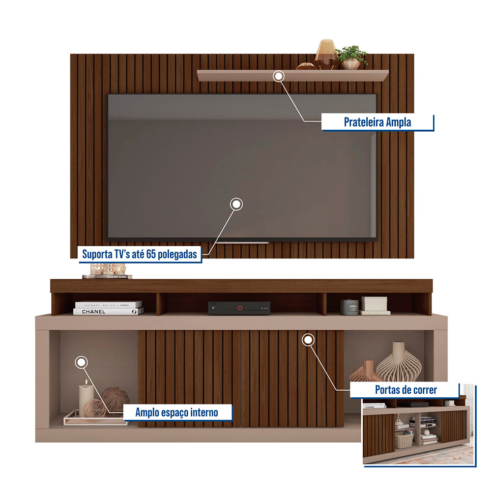 Rack com Painel para TV até 60 Polegadas Requinte Fendi e Havana