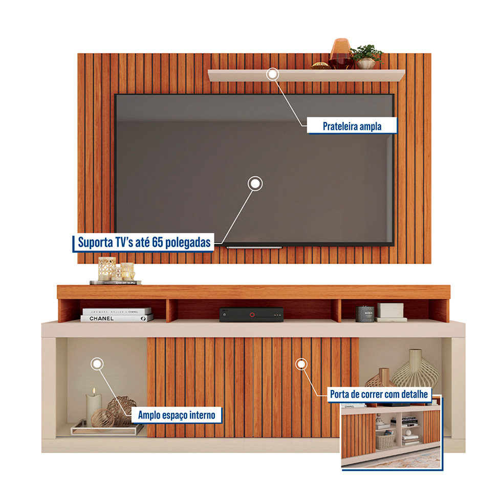 Rack com Painel para TV até 60 Polegadas Requinte Freijó e Off White