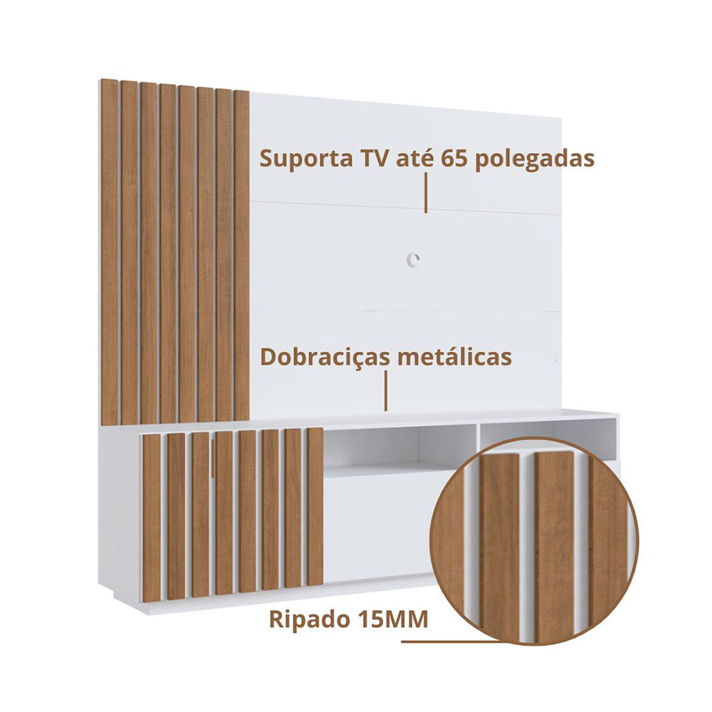 Rack com Painel para TV até 65 Polegadas Renesse Branco e Mel 180 cm