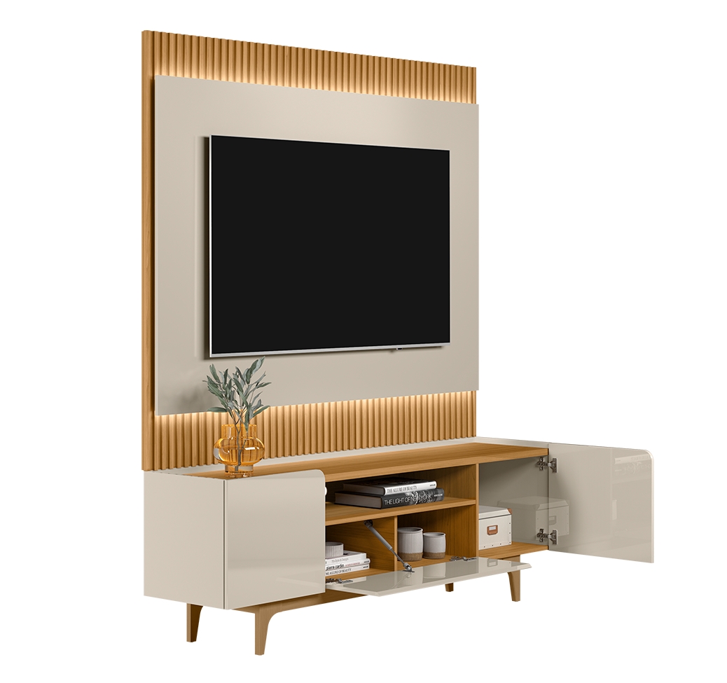 Rack com Painel para TV até 70 Polegadas Liam com LED 3 PT Tauari e Off White