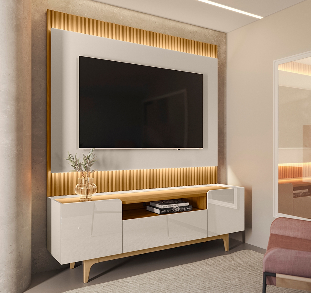 Rack com Painel para TV até 70 Polegadas Liam com LED 3 PT Tauari e Off White