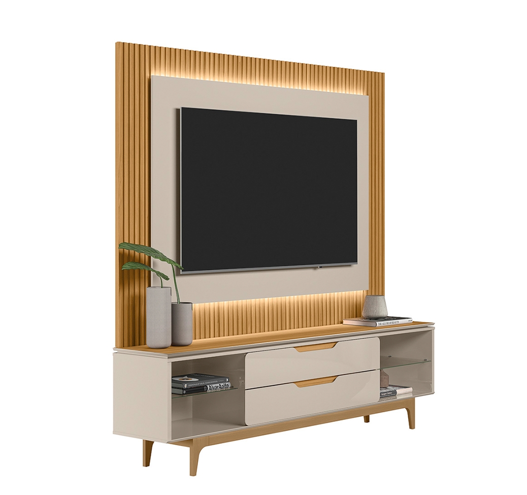 Rack com Painel para TV até 70 Polegadas Owen com LED 2 GV Tauari e Off White