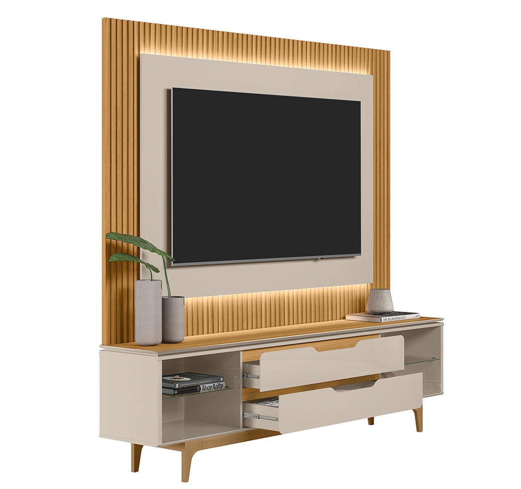 Rack com Painel para TV até 70 Polegadas Owen com LED 2 GV Tauari e Off White