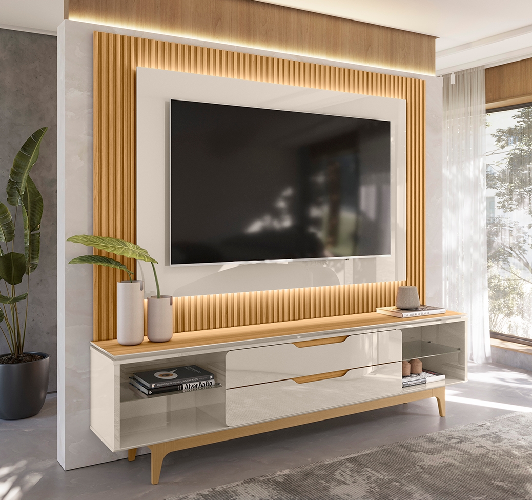 Rack com Painel para TV até 70 Polegadas Owen com LED 2 GV Tauari e Off White