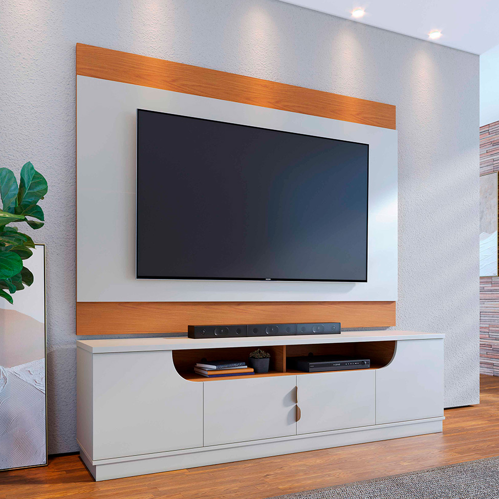 Rack com Painel para TV até 75 Polegadas Santorini 4 Portas Off White e Freijó