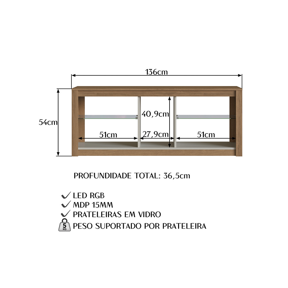 Rack par TV até 55 Polegadas Leona com LED Mel e Arenas 136 cm
