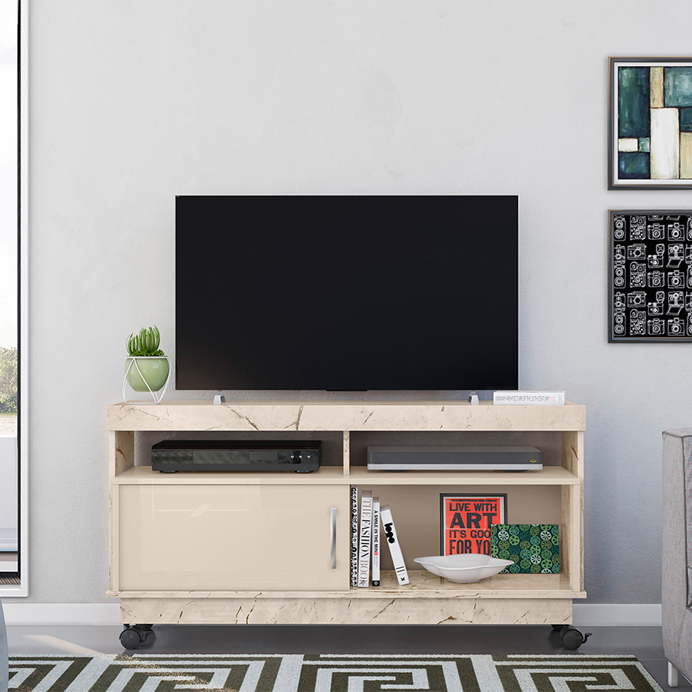 Rack para TV até 50 Polegadas Artur 1 Porta Calacata e Off White 121 cm