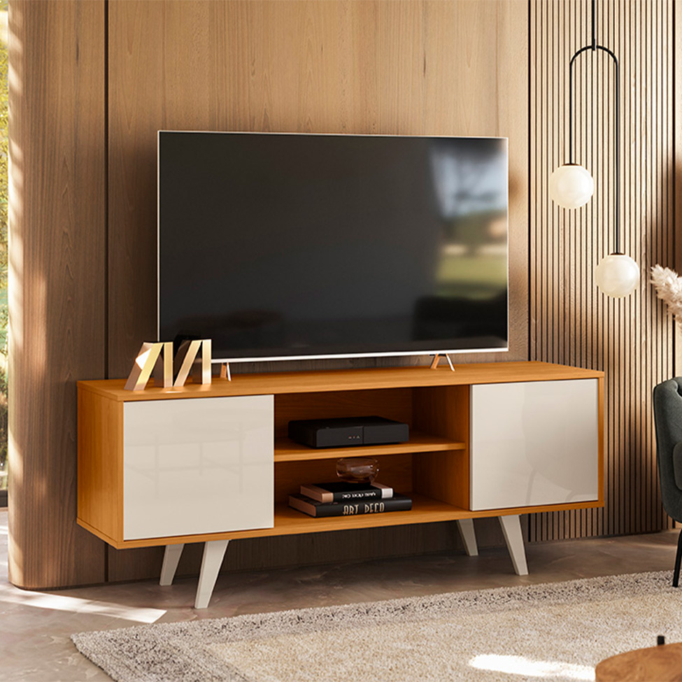 Rack para TV até 55 Polegadas Lisboa 2 Portas Cinamomo e Off White 136 cm