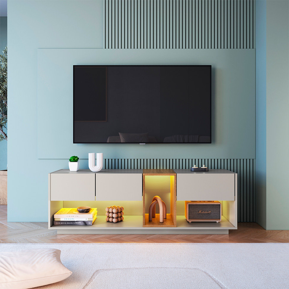 Rack para TV até 55 Polegadas Violet com LED 3 Gavetas Arenas e Mel