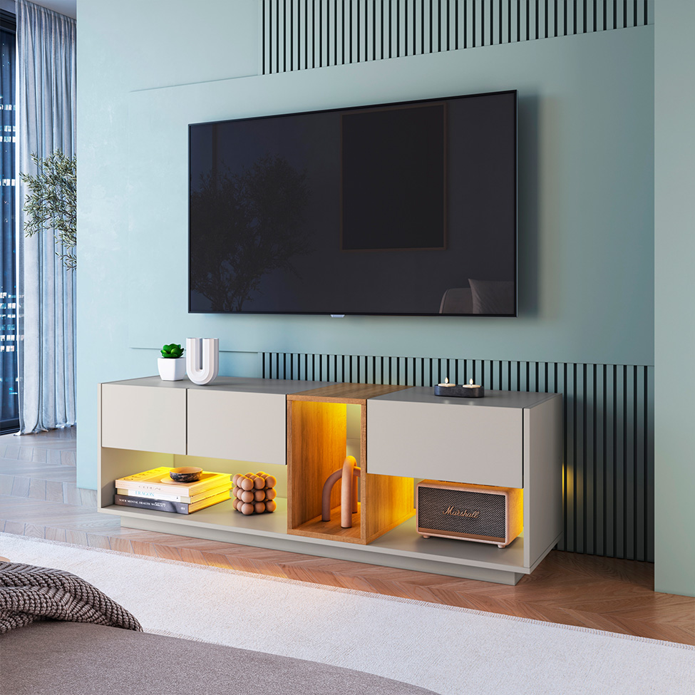 Rack para TV até 55 Polegadas Violet com LED 3 Gavetas Arenas e Mel