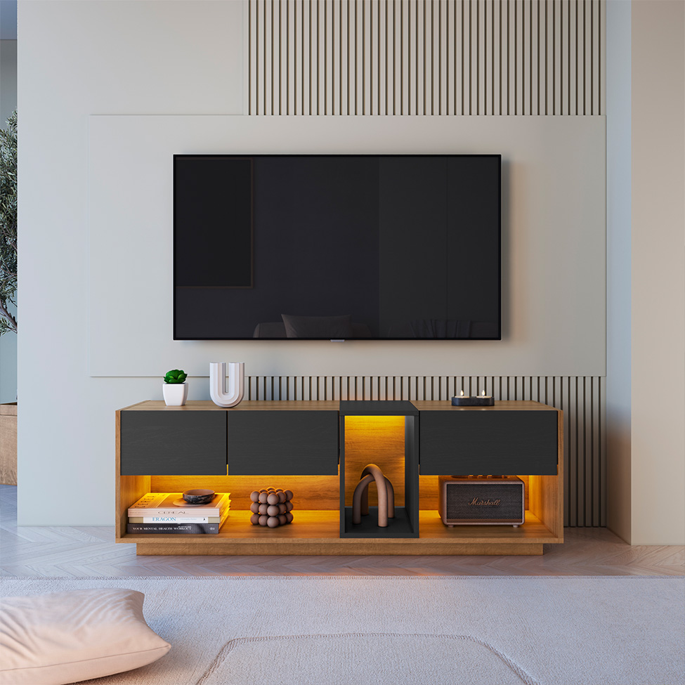 Rack para TV até 55 Polegadas Violet com LED 3 Gavetas Mel e Grafite