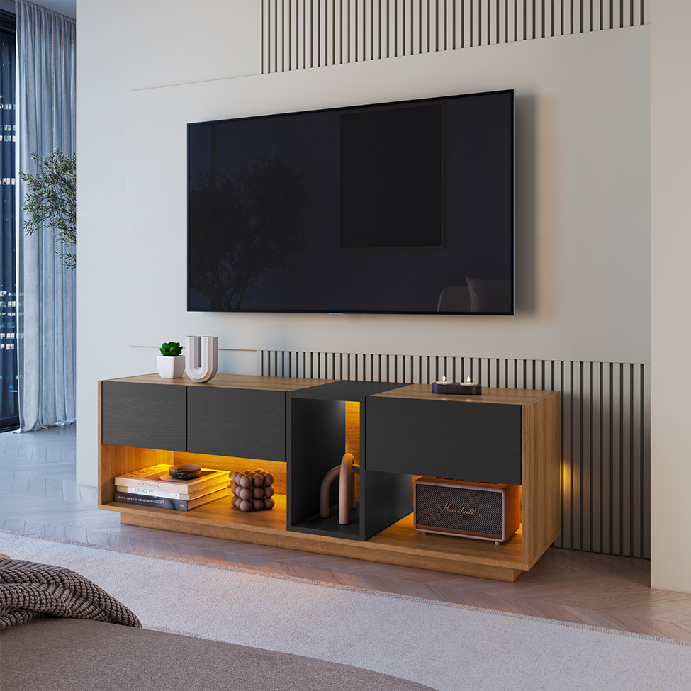 Rack para TV até 55 Polegadas Violet com LED 3 Gavetas Mel e Grafite