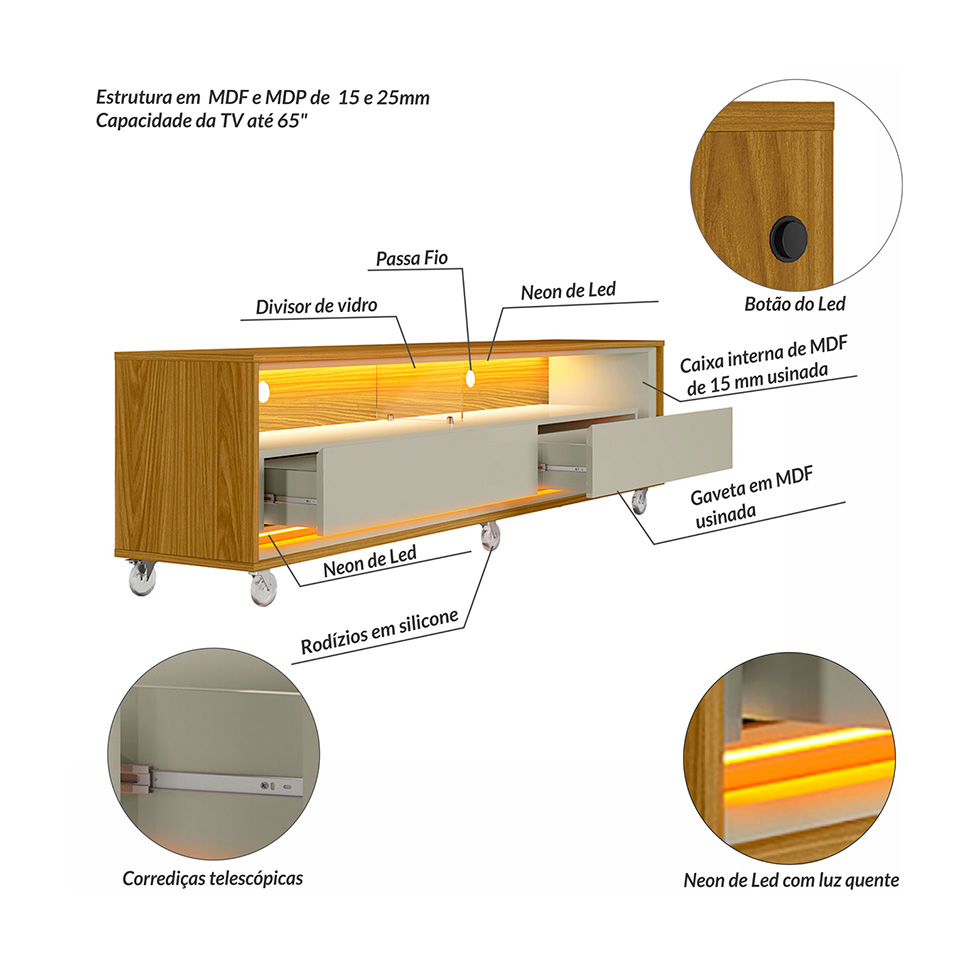 Rack para TV até 65 Polegadas Andorra com LED 2 GV Cedro e Off White