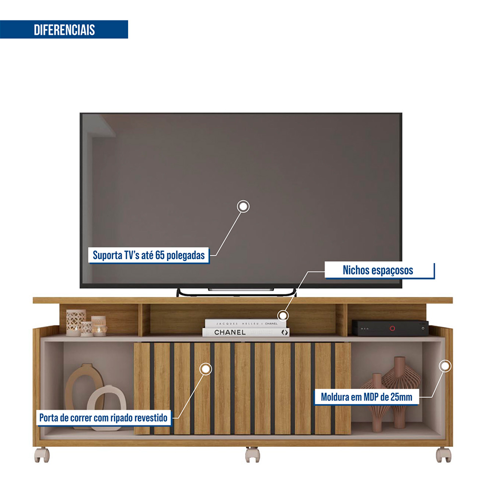 Rack para TV até 65 Polegadas Oasis 1 PT Mel e Cacao 160 cm