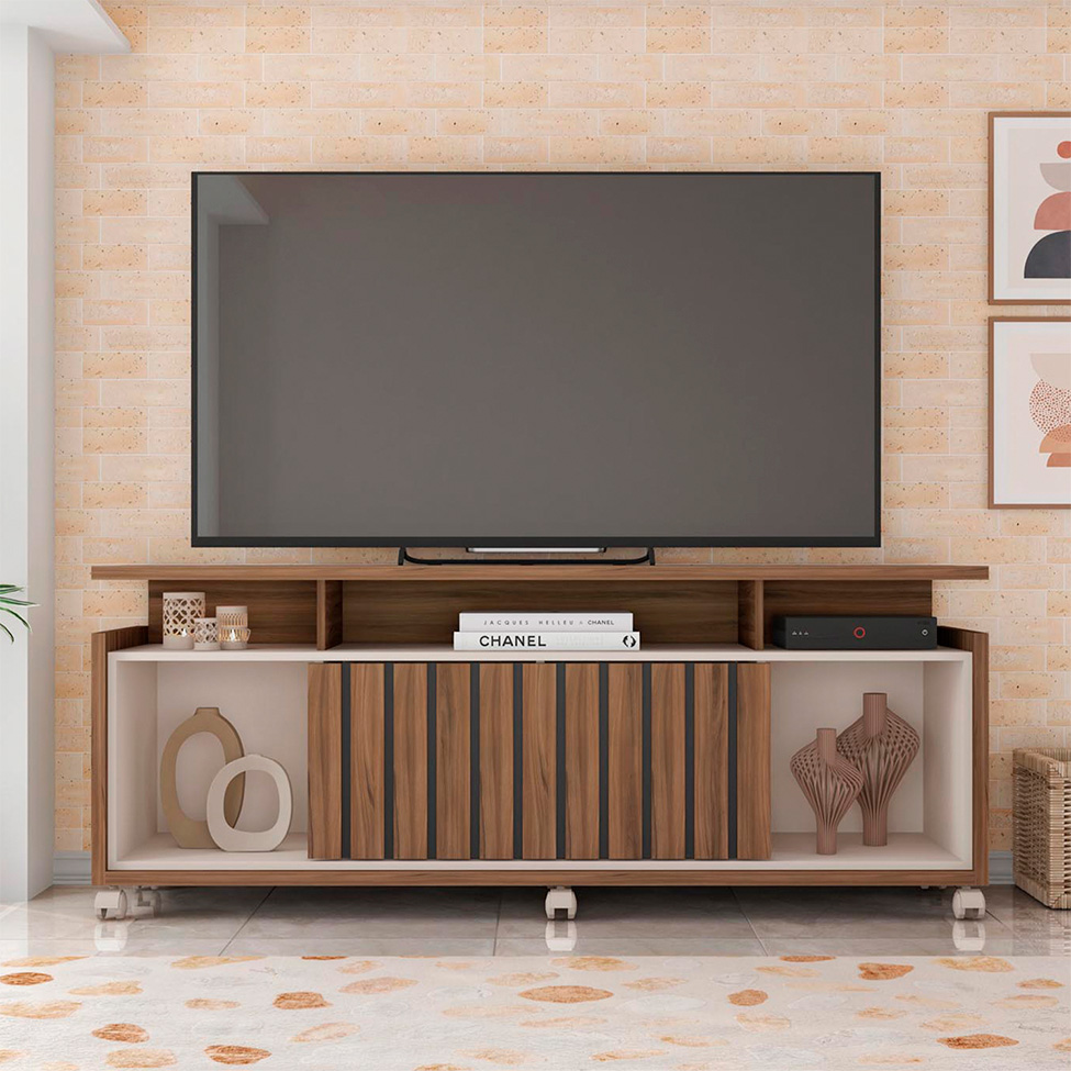 Rack para TV até 65 Polegadas Oasis 1 PT Nogueira e Off White 160 cm