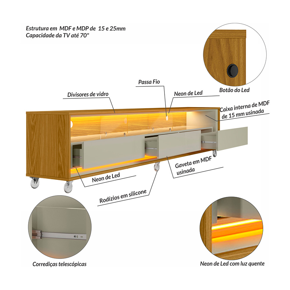 Rack para TV até 70 Polegadas Andorra com LED 3 GV Cedro e Off White