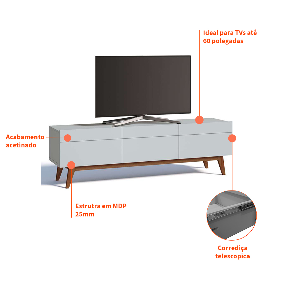 Rack para TV até 75 Polegadas Mazza 3 Gavetas Branco