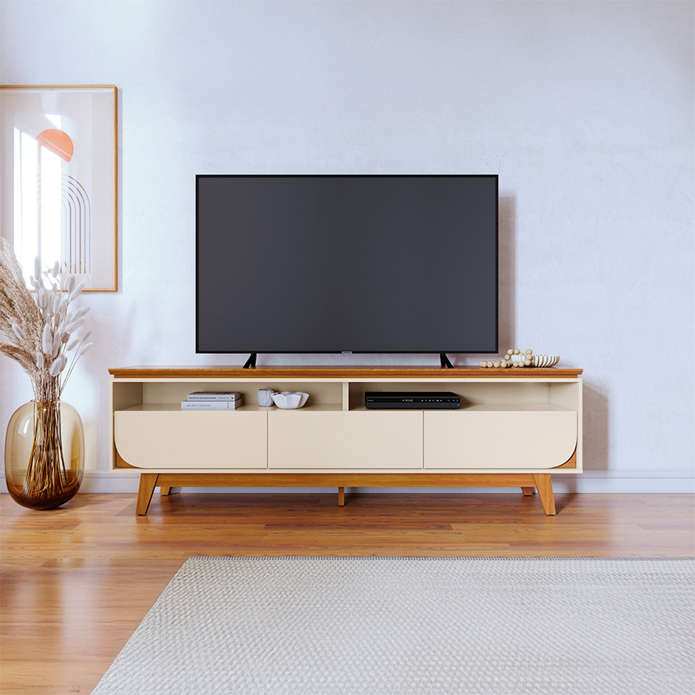 Rack para TV até 75 Polegadas Selene 3 Gavetas Off White e Cinamomo 200 cm
