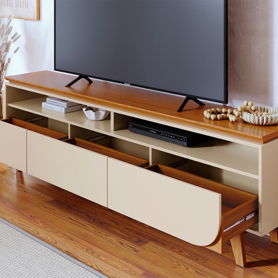 Rack para TV até 75 Polegadas Selene 3 Gavetas Off White e Cinamomo 200 cm