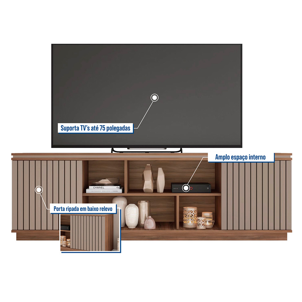 Rack para TV até 75 Polegadas Simetria 2 PT Nogueira e Fendi