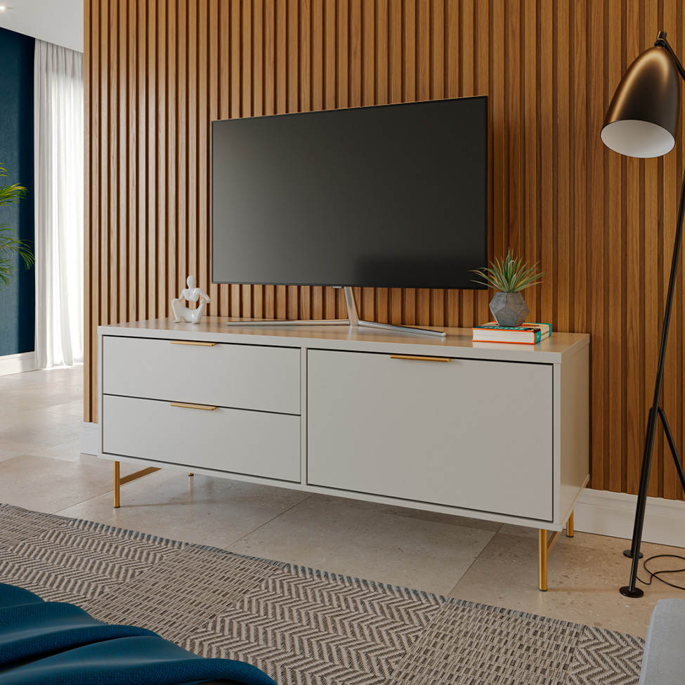 Rack para TV até 75 Polegadas Yves 1 PT 2 GV Off White e Dourado 135 cm