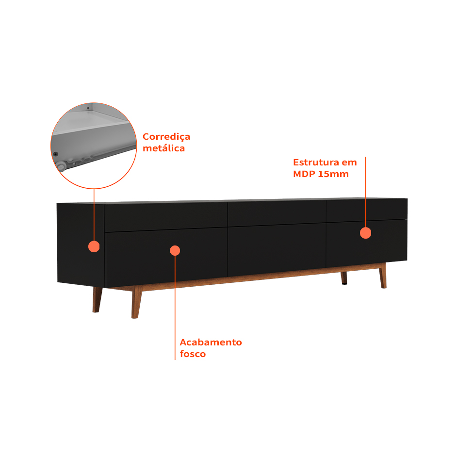 Rack para TV até 85 Polegadas Mazza 3 Gavetas Preto