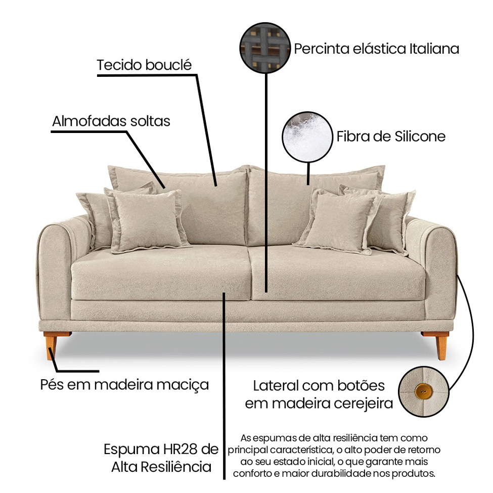Sofá 2 Lugares Lisboa Bouclé Bege 160 cm