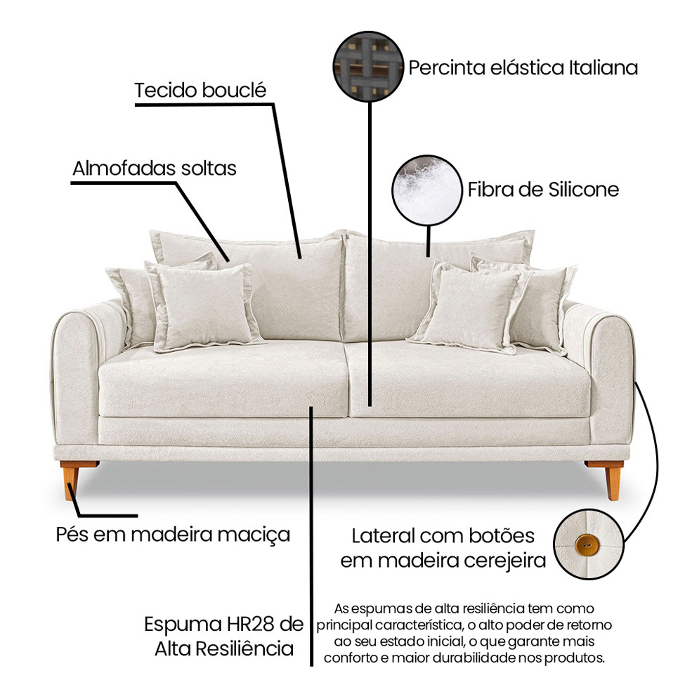 Sofá 2 Lugares Lisboa Bouclé Off White 160 cm