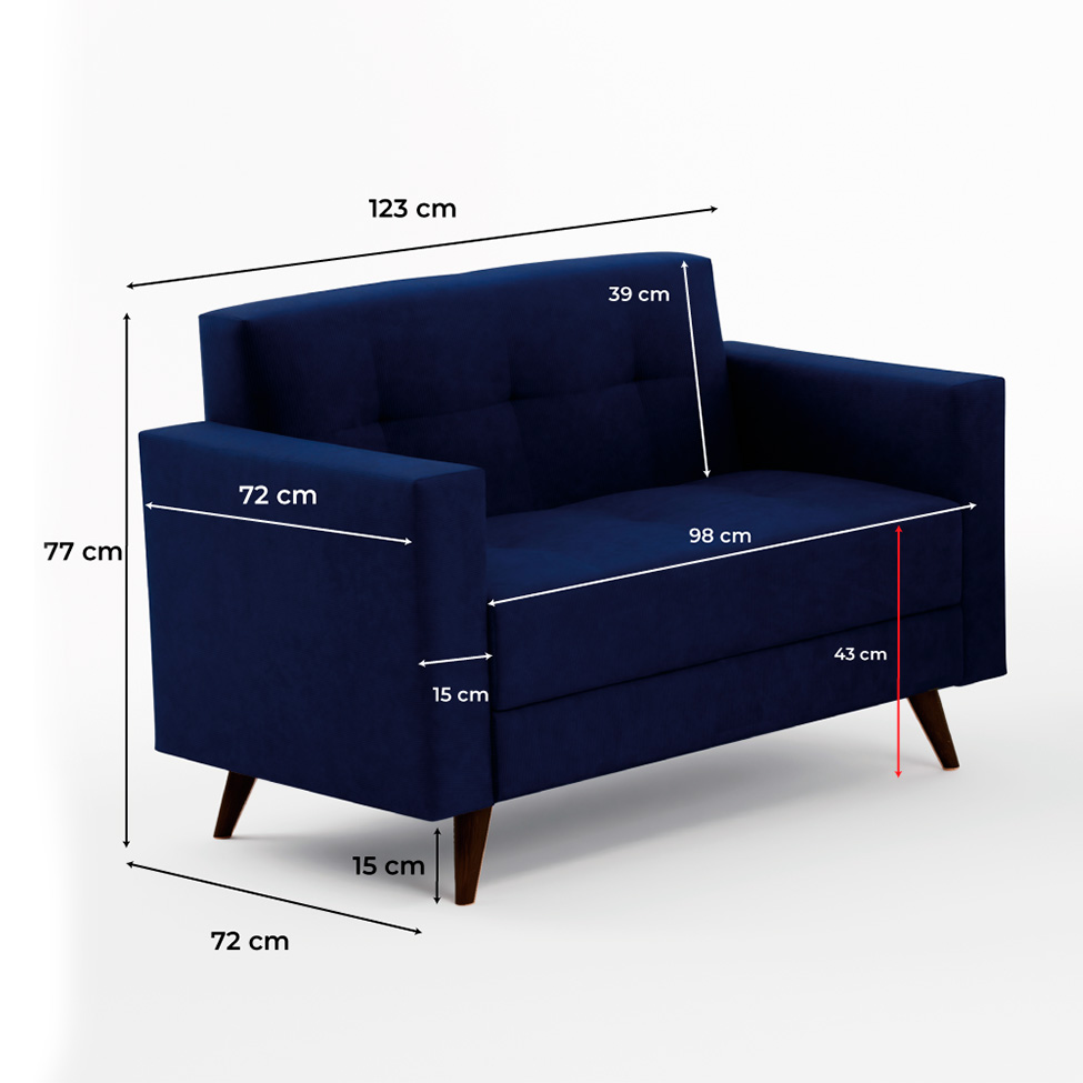 Sofá 2 Lugares Vitrola Suede Azul 123 cm
