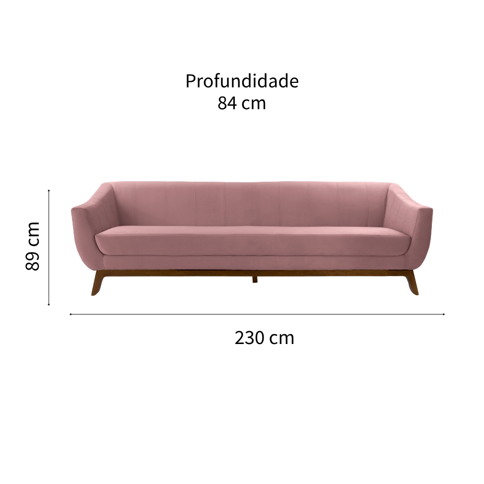 Sofá 3 Lugares Atenas Veludo Rosa e Amadeirado