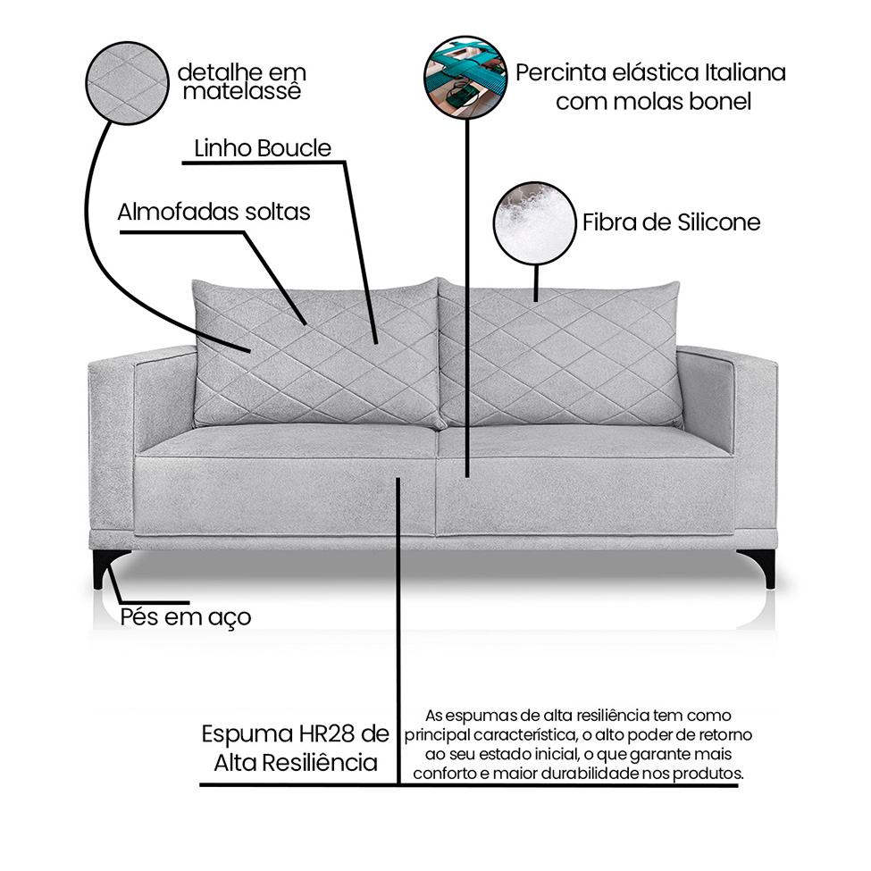 Sofá 3 Lugares Eros Linho Bouclê Cinza Claro 180 cm