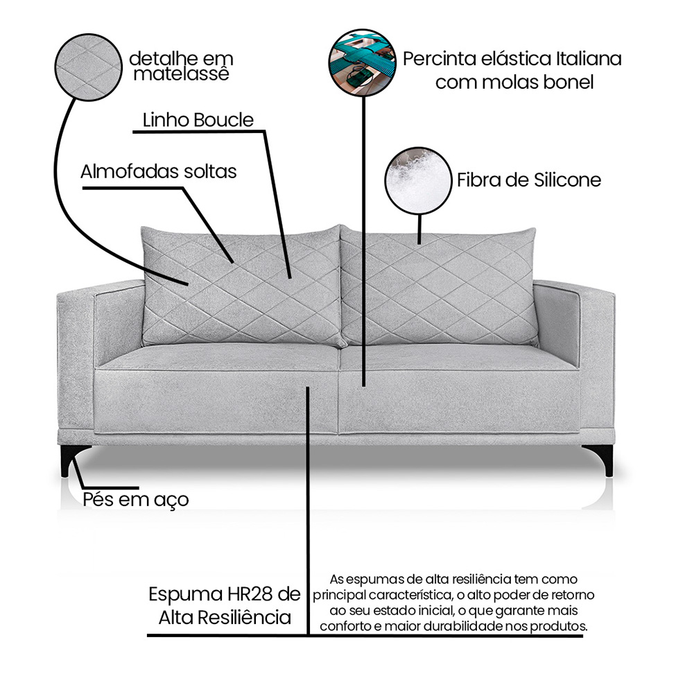 Sofá 3 Lugares Eros Linho Bouclê Cinza Claro 220 cm