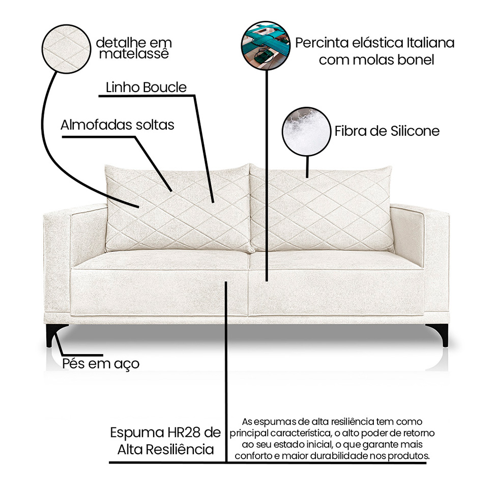 Sofá 3 Lugares Eros Linho Bouclê Off White 180 cm