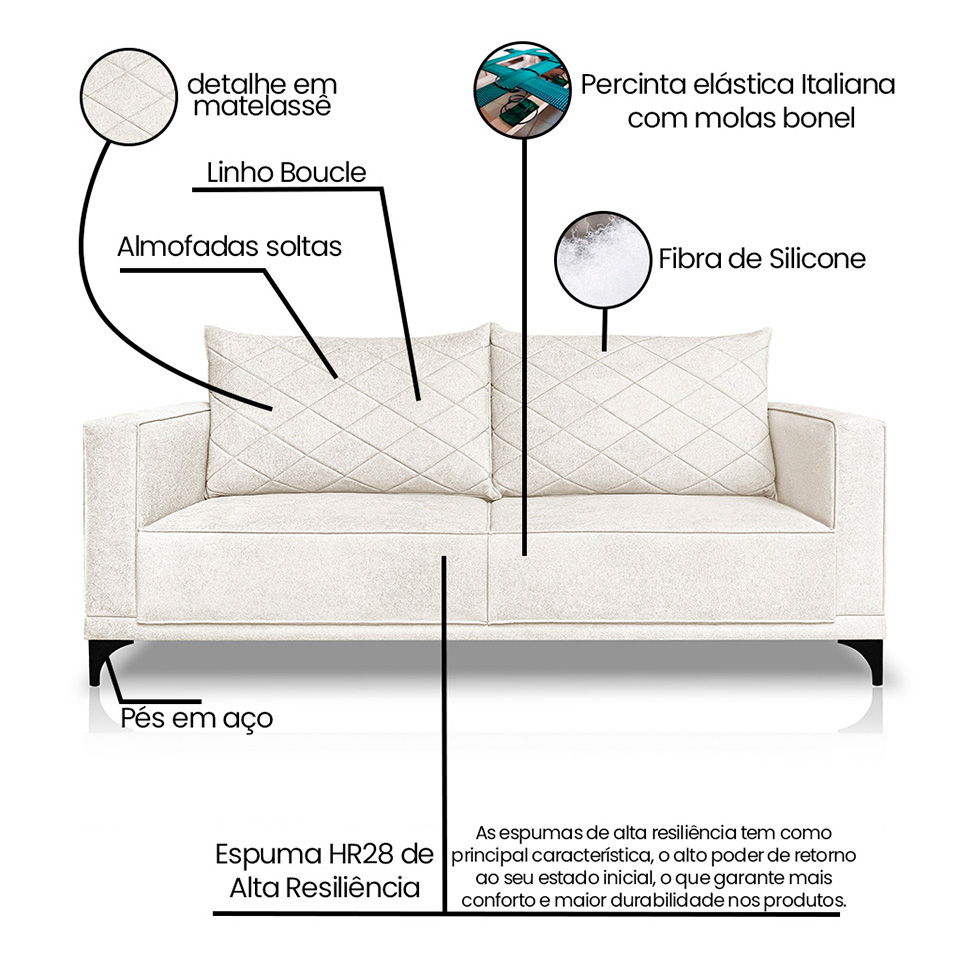 Sofá 3 Lugares Eros Linho Bouclê Off White 220 cm