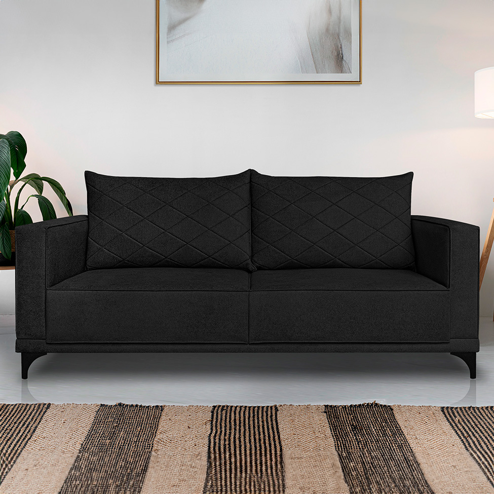 Sofá 3 Lugares Eros Linho Bouclê Preto 220 cm