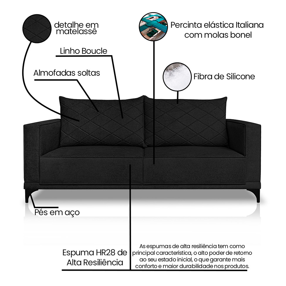 Sofá 3 Lugares Eros Linho Bouclê Preto 220 cm