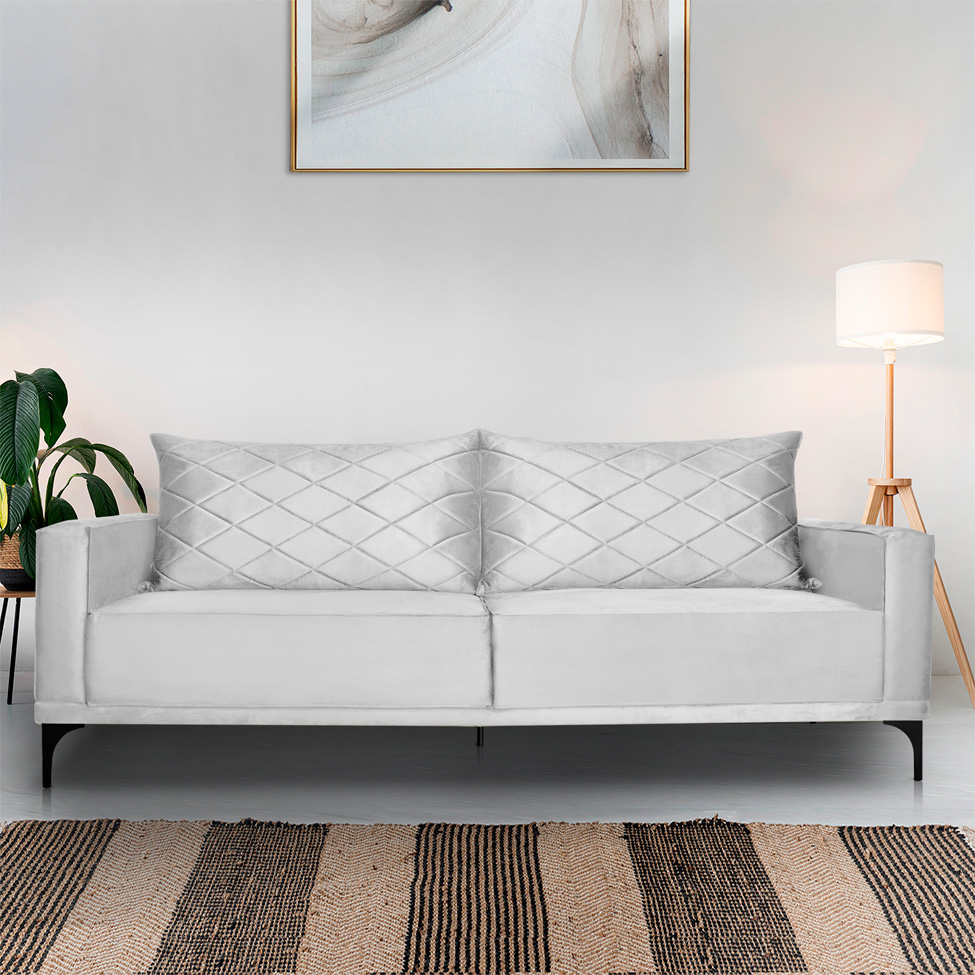 Sofá 3 Lugares Eros Veludo Prata 180 cm